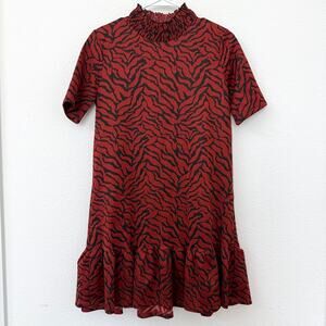 ZARA Animal Print Mini Dress Red Black Short Sleeve Smocked Neck Drop‎ Waist S